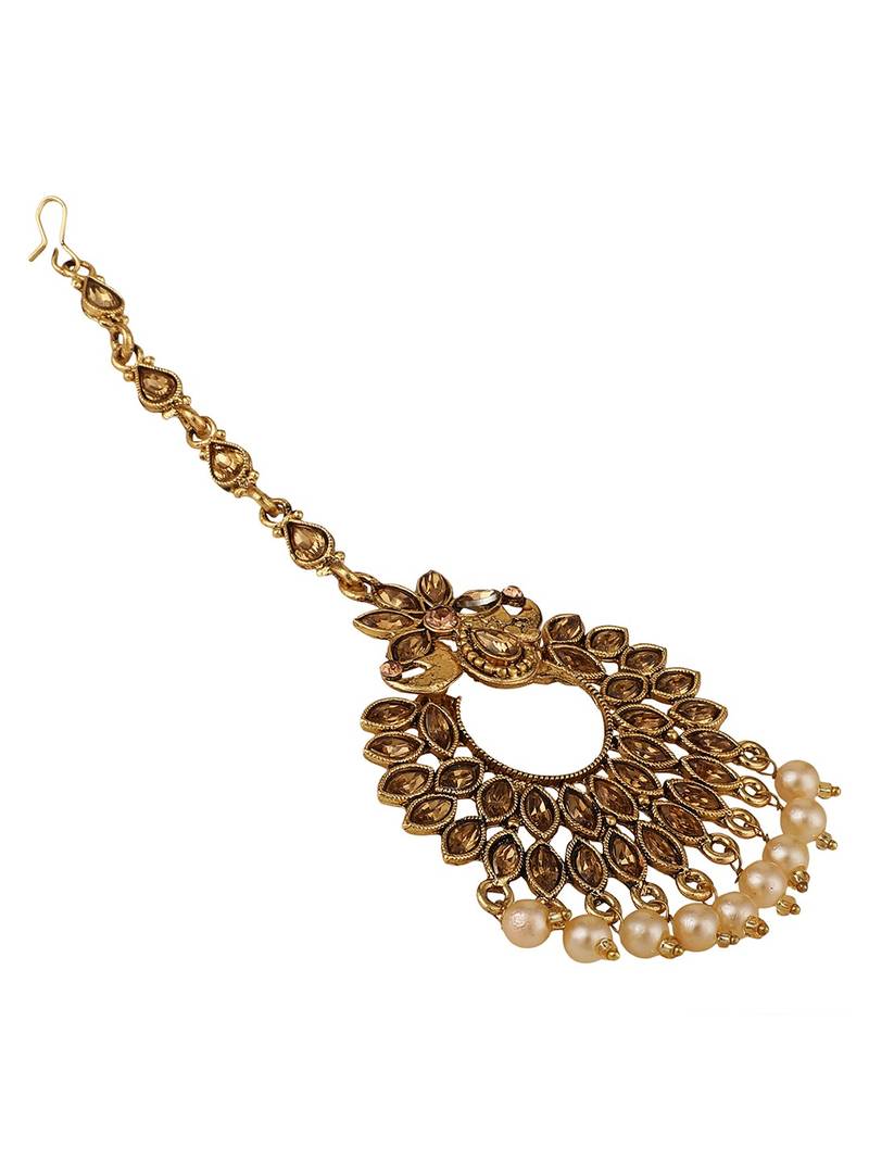 GoldPlated Stone Studded with Pearl Drop Floral shaped Maangtikka for Wedding Party Occasion Family Function and Gifting