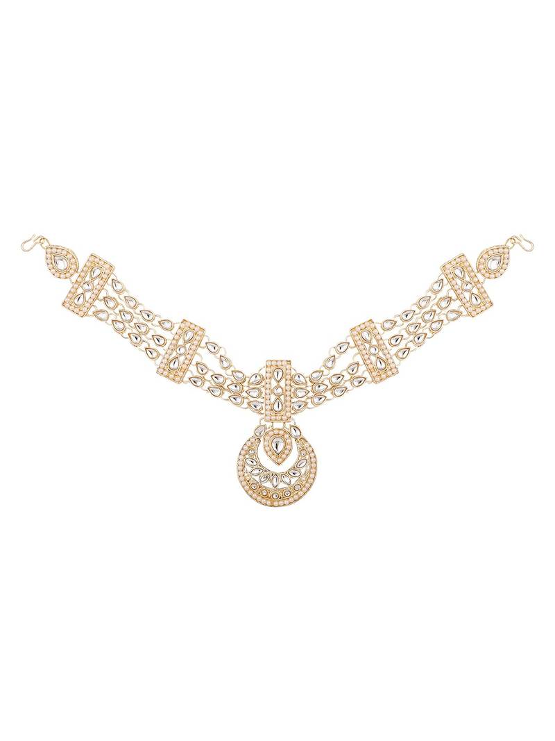 Traditional Gold Plated Heavy Ornamental Stone and Pearl Studded  Maangtikka with Matha Patti attached