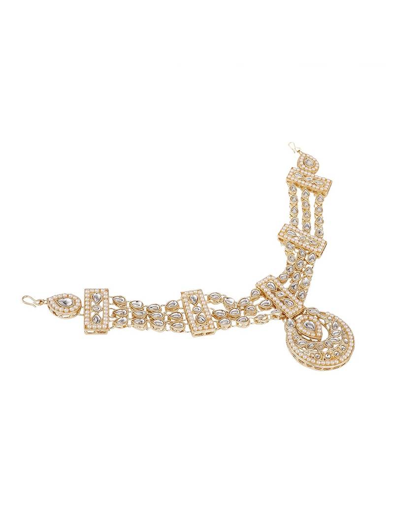 Traditional Gold Plated Heavy Ornamental Stone and Pearl Studded  Maangtikka with Matha Patti attached