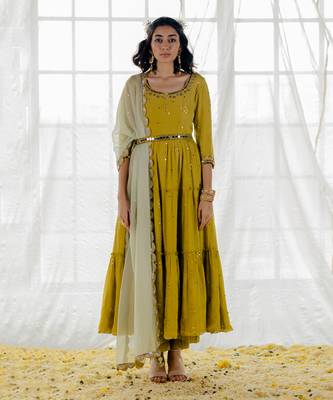Moss Green Chinon Chiffon Mirror Work Tiered Anarkali Set 1
