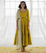 Moss Green Chinon Chiffon Mirror Work Tiered Anarkali Set