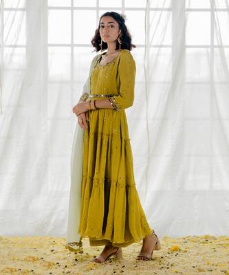 Moss Green Chinon Chiffon Mirror Work Tiered Anarkali Set 2
