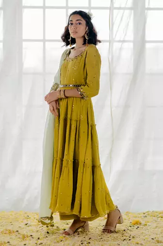 Moss Green Chinon Chiffon Mirror Work Tiered Anarkali Set