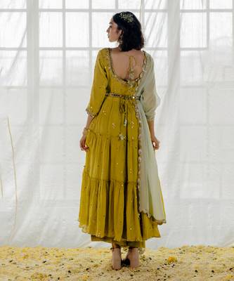 Moss Green Chinon Chiffon Mirror Work Tiered Anarkali Set 3