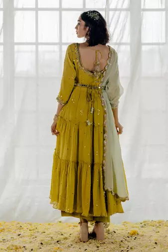 Moss Green Chinon Chiffon Mirror Work Tiered Anarkali Set