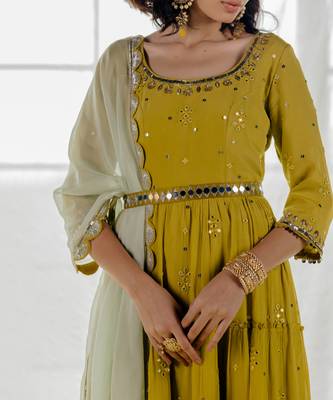 Moss Green Chinon Chiffon Mirror Work Tiered Anarkali Set 4