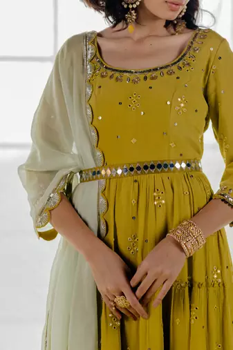 Moss Green Chinon Chiffon Mirror Work Tiered Anarkali Set