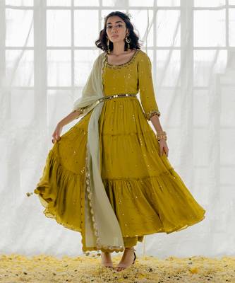 Moss Green Chinon Chiffon Mirror Work Tiered Anarkali Set 5