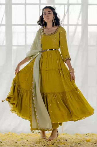 Moss Green Chinon Chiffon Mirror Work Tiered Anarkali Set