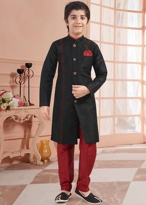Black plain art silk boys-sherwani 1