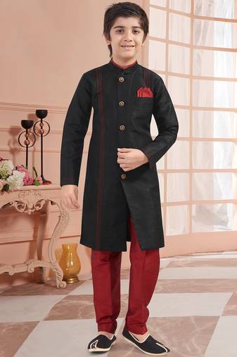 Black plain art silk boys-sherwani
