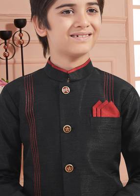 Black plain art silk boys-sherwani 2