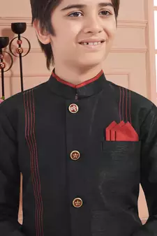 Black plain art silk boys-sherwani
