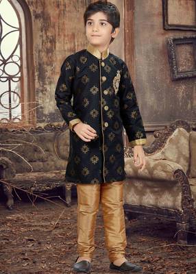 Black plain art silk boys-sherwani 3