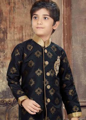 Black plain art silk boys-sherwani 4