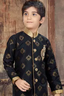 Black plain art silk boys-sherwani