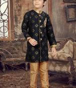 Black printed art silk boys-sherwani