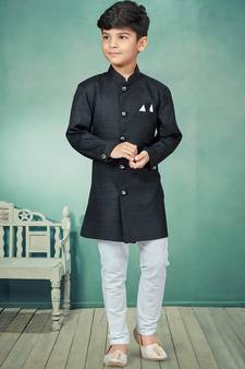 Black plain art silk boys-sherwani