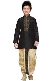 Black plain art silk boys-dhoti-kurta