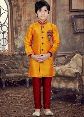 Orange embroidered art silk boys-sherwani 1