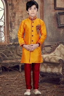 Orange embroidered art silk boys-sherwani
