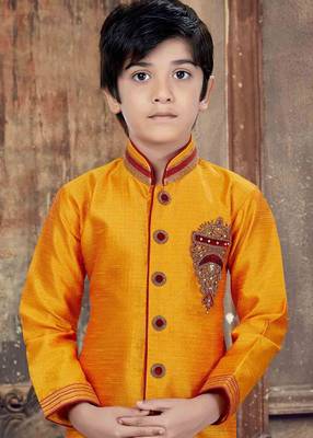 Orange embroidered art silk boys-sherwani 2