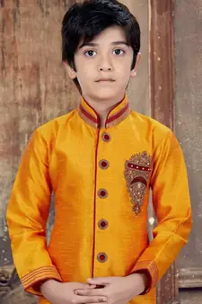 Orange embroidered art silk boys-sherwani