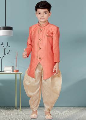 Beige plain art silk boys-sherwani 1