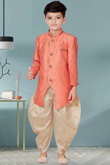 Beige plain art silk boys-sherwani