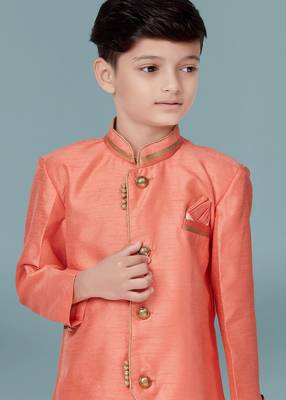 Beige plain art silk boys-sherwani 2