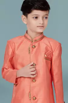 Beige plain art silk boys-sherwani