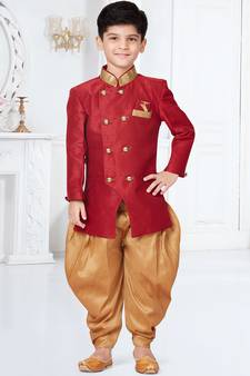Maroon plain art silk boys-sherwani