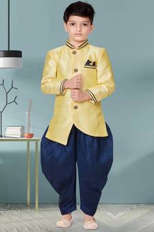 Fawn plain art silk boys-sherwani