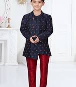 Blue embroidered art silk boys-sherwani
