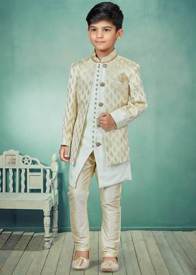 Fawn printed art silk boys-sherwani 1
