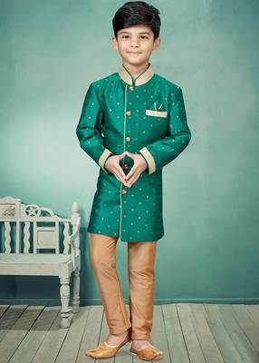 Green printed art silk boys-sherwani 1