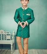 Green printed art silk boys-sherwani
