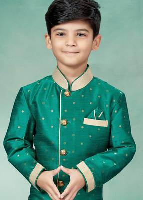 Green printed art silk boys-sherwani 2
