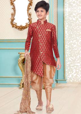 Maroon printed brocade boys-sherwani 1