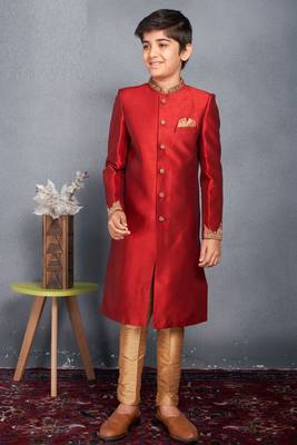 Maroon embroidered art silk boys-sherwani 1