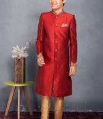 Maroon embroidered art silk boys-sherwani