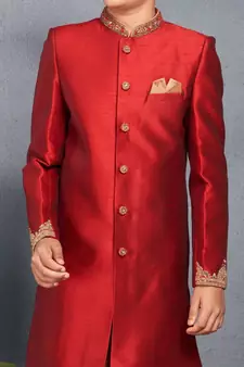 Maroon embroidered art silk boys-sherwani