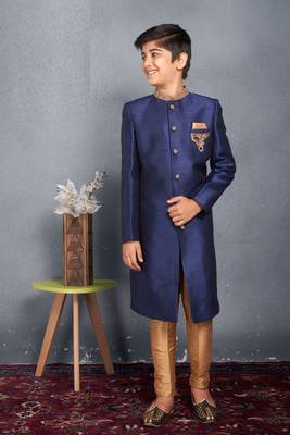 Blue embroidered art silk boys-sherwani 1