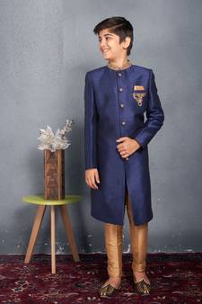Blue embroidered art silk boys-sherwani