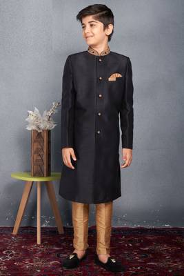 Black embroidered art silk boys-sherwani 1