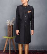 Black embroidered art silk boys-sherwani