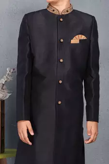 Black embroidered art silk boys-sherwani