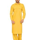 Yellow plain cotton pathani-suits