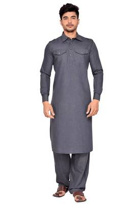 Grey plain cotton pathani-suits 1