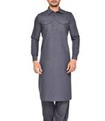 Grey plain cotton pathani-suits